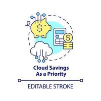 Cloud savings as priority concept icon. Cutting out costs. Storage computing trends abstract idea thin line illustration. Isolated outline drawing. Editable stroke vector