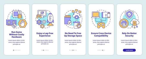 Developments in cloud gaming onboarding mobile app screen. AR, VR walkthrough 5 steps editable graphic instructions with linear concepts. UI, UX, GUI template vector