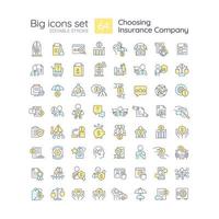 Choosing insurance company RGB color icons set. Policyholders benefits. Coverage. Isolated vector illustrations. Simple filled line drawings collection. Editable stroke