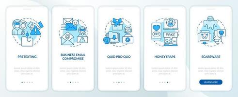 Types of hacker attacks blue onboarding mobile app screen. Walkthrough 5 steps editable graphic instructions with linear concepts. UI, UX, GUI template vector