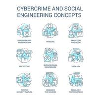 Cybercrime and social engineering turquoise concept icons set. Digital security idea thin line color illustrations. Isolated symbols. Editable stroke vector