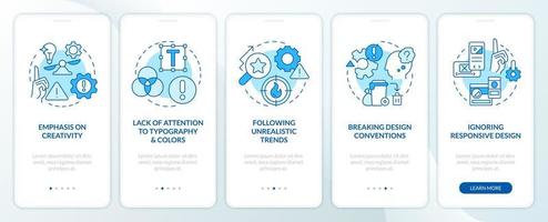 Designer issues blue onboarding mobile app screen. User interface. Walkthrough 5 steps editable graphic instructions with linear concepts. UI, UX, GUI template vector