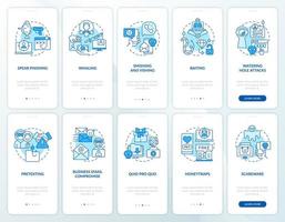 Types of social engineering blue onboarding mobile app screen set. Walkthrough 5 steps editable graphic instructions with linear concepts. UI, UX, GUI template vector