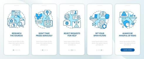 Cybersecurity tips blue onboarding mobile app screen. Walkthrough 5 steps editable graphic instructions with linear concepts. UI, UX, GUI template vector