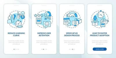 Using familiarity in web design blue onboarding mobile app screen. Walkthrough 4 steps editable graphic instructions with linear concepts. UI, UX, GUI template vector