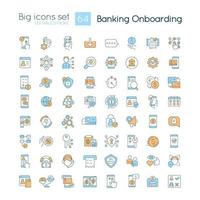 Banking onboarding RGB color big icons set. Customer experience. Account opening. Isolated vector illustrations. Simple filled line drawings collection. Editable stroke