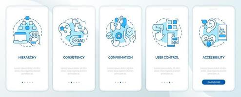 User experience design factors blue onboarding mobile app screen. Walkthrough 5 steps editable graphic instructions with linear concepts. UI, UX, GUI template vector