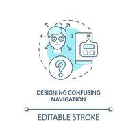 Designing confusing navigation turquoise concept icon. Common user experience problem abstract idea thin line illustration. Isolated outline drawing. Editable stroke vector