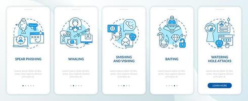 Social engineering attacks tactics blue onboarding mobile app screen. Walkthrough 5 steps editable graphic instructions with linear concepts. UI, UX, GUI template vector