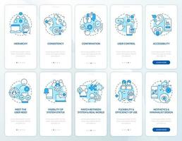 User experience design rules blue onboarding mobile app screen set. Walkthrough 5 steps editable graphic instructions with linear concepts. UI, UX, GUI template vector
