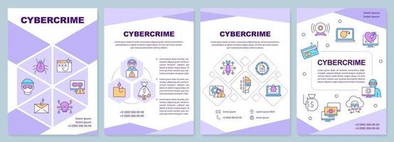 Cybercrime purple brochure template. Digital attacks hazard. Leaflet design with linear icons. Editable 4 vector layouts for presentation, annual reports