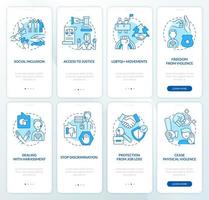 LGBT issues and support blue onboarding mobile app screen set. Walkthrough 4 steps editable graphic instructions with linear concepts. UI, UX, GUI template vector