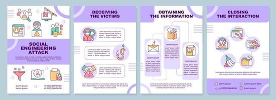 Social engineering attack purple brochure template. Cybercrime. Leaflet design with linear icons. Editable 4 vector layouts for presentation, annual reports