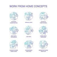 Work from home tips blue gradient concept icons set. Care of yourself. Burnout prevention idea thin line color illustrations. Isolated symbols vector