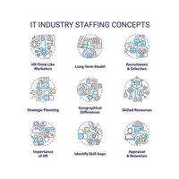 IT industry staffing concept icons set. Human resource department. Select candidate idea thin line color illustrations. Isolated symbols. Editable stroke vector
