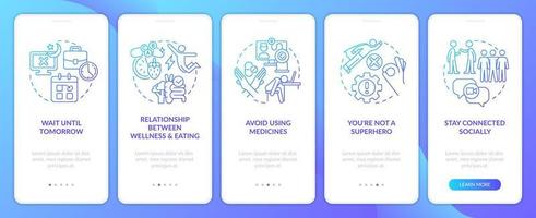 Burnout recovery blue gradient onboarding mobile app screen. Self care walkthrough 5 steps editable graphic instructions with linear concepts. UI, UX, GUI template vector