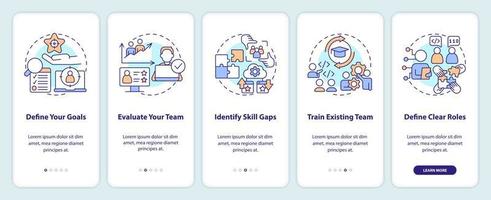 IT staffing tips onboarding mobile app screen. Hiring process walkthrough 5 steps editable graphic instructions with linear concepts. UI, UX, GUI template vector