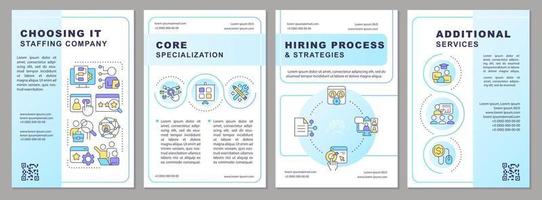 Choosing IT staffing company blue brochure template. Leaflet design with linear icons. Editable 4 vector layouts for presentation, annual reports