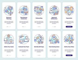 Information technology staffing onboarding mobile app screens set. IT walkthrough 5 steps editable graphic instructions with linear concepts. UI, UX, GUI template vector