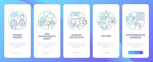 Employee mental health blue gradient onboarding mobile app screen. Walkthrough 5 steps editable graphic instructions with linear concepts. UI, UX, GUI template vector