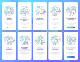 Employee mental health blue gradient onboarding mobile app screen set. Walkthrough 5 steps editable graphic instructions with linear concepts. UI, UX, GUI template vector