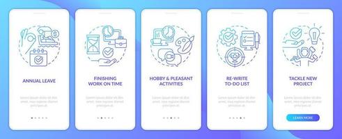 Burnout prevention blue gradient onboarding mobile app screen. Walkthrough 5 steps editable graphic instructions with linear concepts. UI, UX, GUI template vector