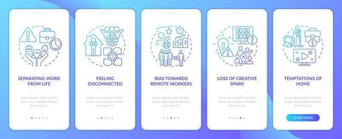 Remote work disadvantages blue gradient onboarding mobile app screen. Walkthrough 5 steps editable graphic instructions with linear concepts. UI, UX, GUI template vector