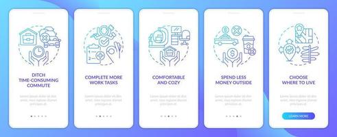 Remote workplace benefits blue gradient onboarding mobile app screen. Walkthrough 5 steps editable graphic instructions with linear concepts. UI, UX, GUI template vector