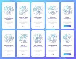 Work from home blue gradient onboarding mobile app screen. Walkthrough 5 steps editable graphic instructions with linear concepts. UI, UX, GUI template vector