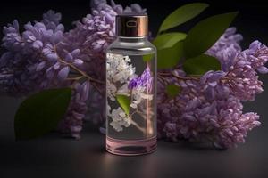 Unique and aromatic lilac fragrance in vial. Blooming lilac scent photography photo