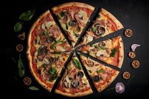 Capricciosa pizza made of ham and mushrooms. Traditional Italian pizza food photography photo