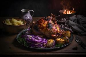 Cripsy roasted pork knuckle served with potatoes and pickled cabbage food photography photo