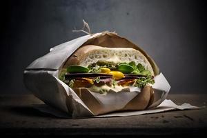 Homemade take away sandwich packed in a gray paper food photography photo