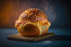 Homemade bun made of cheese and ham for breakfast food photography photo