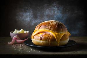 Homemade bun made of cheese and ham for breakfast food photography photo