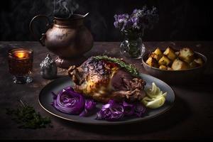 Cripsy roasted pork knuckle served with potatoes and pickled cabbage food photography photo