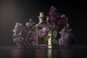 Unique and aromatic lilac fragrance in vial. Blooming lilac scent photography photo
