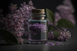 Unique and aromatic lilac fragrance in vial. Blooming lilac scent photography photo