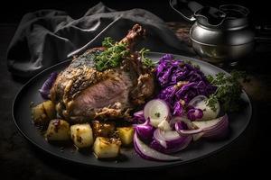 Cripsy roasted pork knuckle served with potatoes and pickled cabbage food photography photo