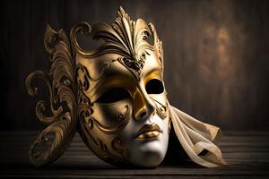 Golden venetian mask on a wooden table photo