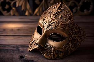 Golden venetian mask on a wooden table photo