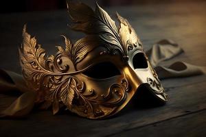 Golden venetian mask on a wooden table photo