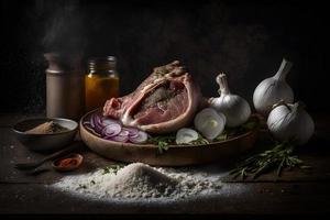 Fresh Schweinshaxe with spices, garlic and salt food photography photo