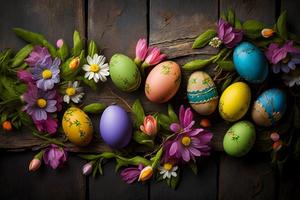 Colorful easter decarations on wooden plank photography photo
