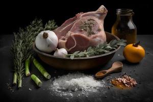 Fresh Schweinshaxe with spices, garlic and salt food photography photo