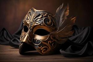 dorado veneciano máscara en un de madera mesa foto