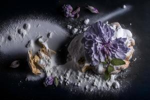 preparación para frito lila flor con en polvo azúcar. dulce postre fotografía foto