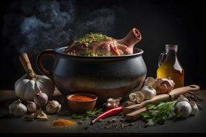 Ingredients for roasted pork knuckle in casserole with spices photo