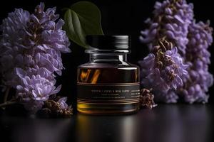 único y aromático petróleo para cuerpo cuidado. lila flor productos fotografía foto