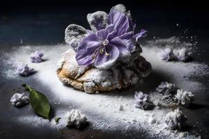 Homemade and tasty fried lilac flower with powdered sugar food photography photo
